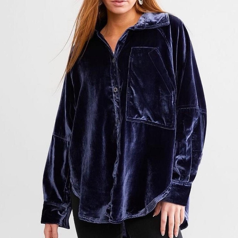 Free People We the Free Luxy Velvet Button-Down Shirt - Navy